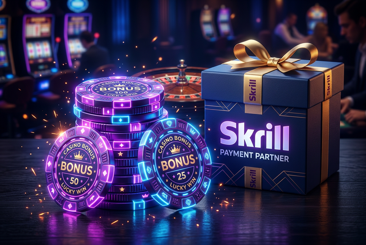 Dynamiczna grafika przedstawiająca bonusowe żetony kasynowe i logo Skrill z neonowym podświetleniem