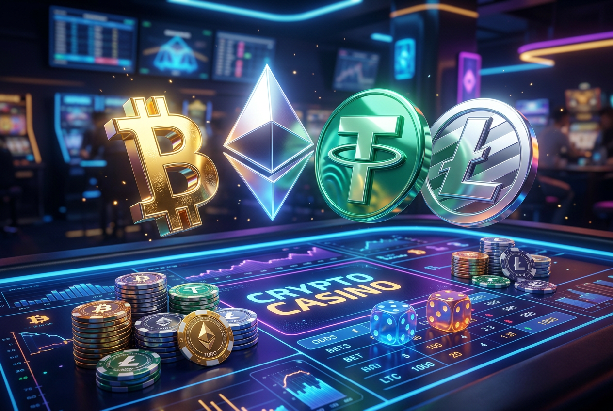 Logotypy popularnych kryptowalut w kasynie online