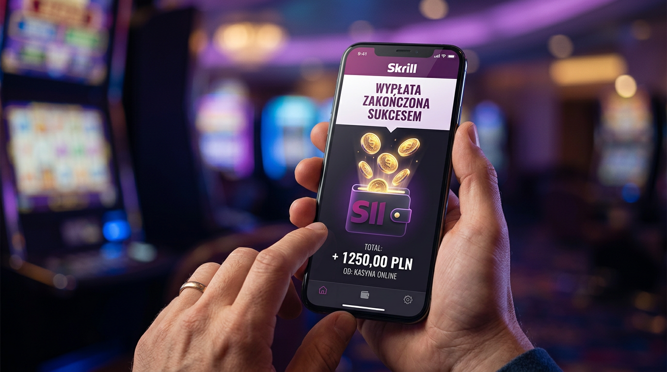 Smartfon z aplikacją Skrill i złotymi monetami na tle nowoczesnego kasyna