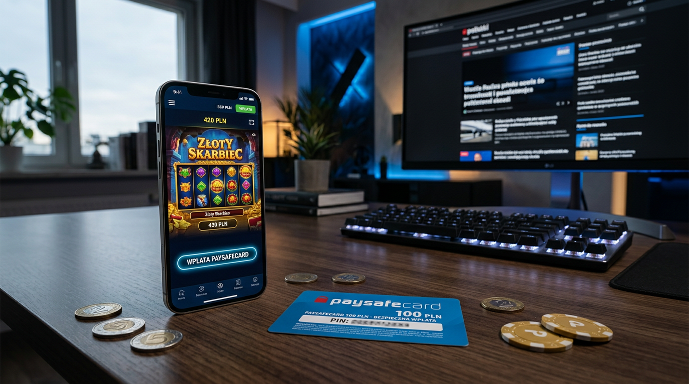 Smartfon z aplikacją kasyna online i karta Paysafecard na biurku