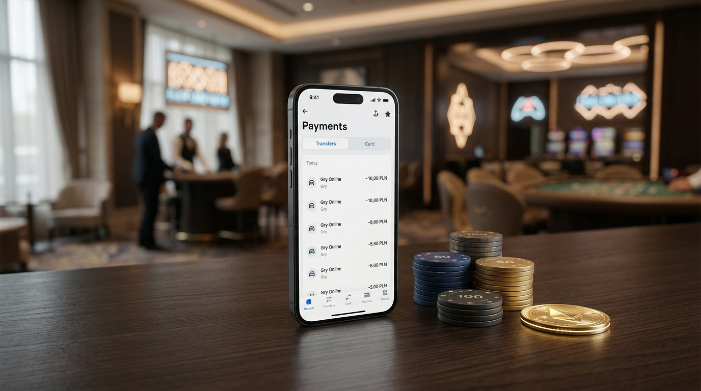 Smartfon z aplikacją Revolut obok żetonów kasynowych i złotych monet