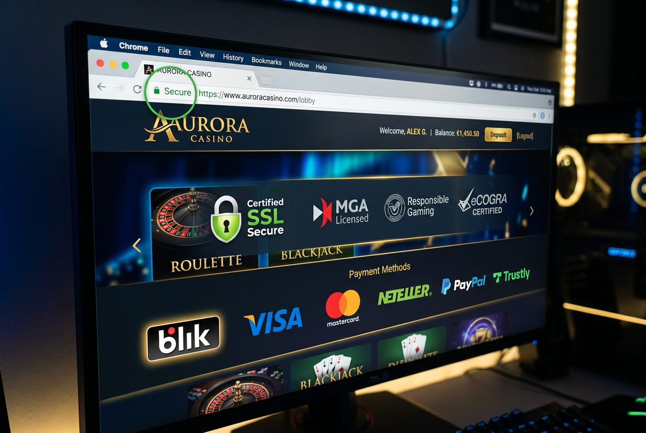 Interfejs bezpiecznego kasyna online z certyfikatami SSL i ikonami płatności